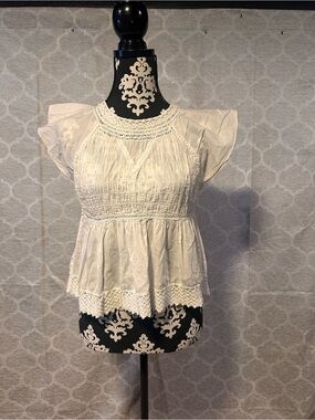 Madewell White Cotton Smocked Crochet Trim Peplum Babydoll Blouse size 4